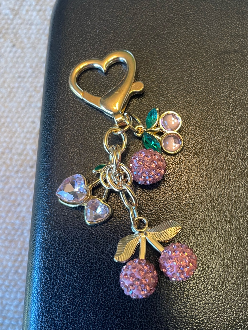 Pink Crystal Cherry Heart Keychain Charm
